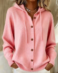 Hooded Knit Cardigan With Wooden Buttons - Pink
