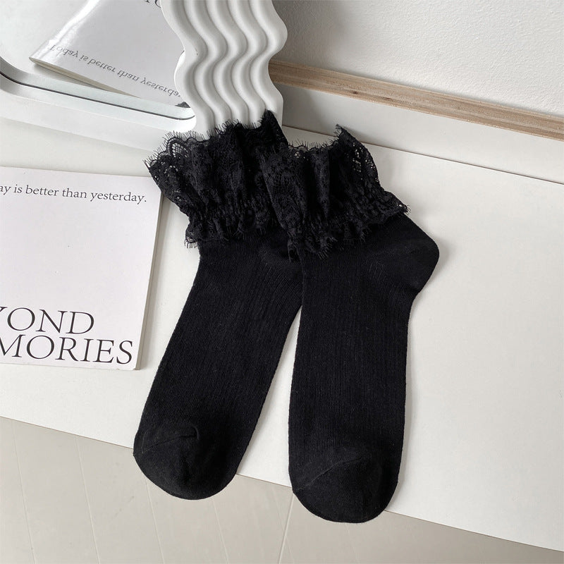 Lace Ruffle Cuff Ribbed Ankle Socks - Black