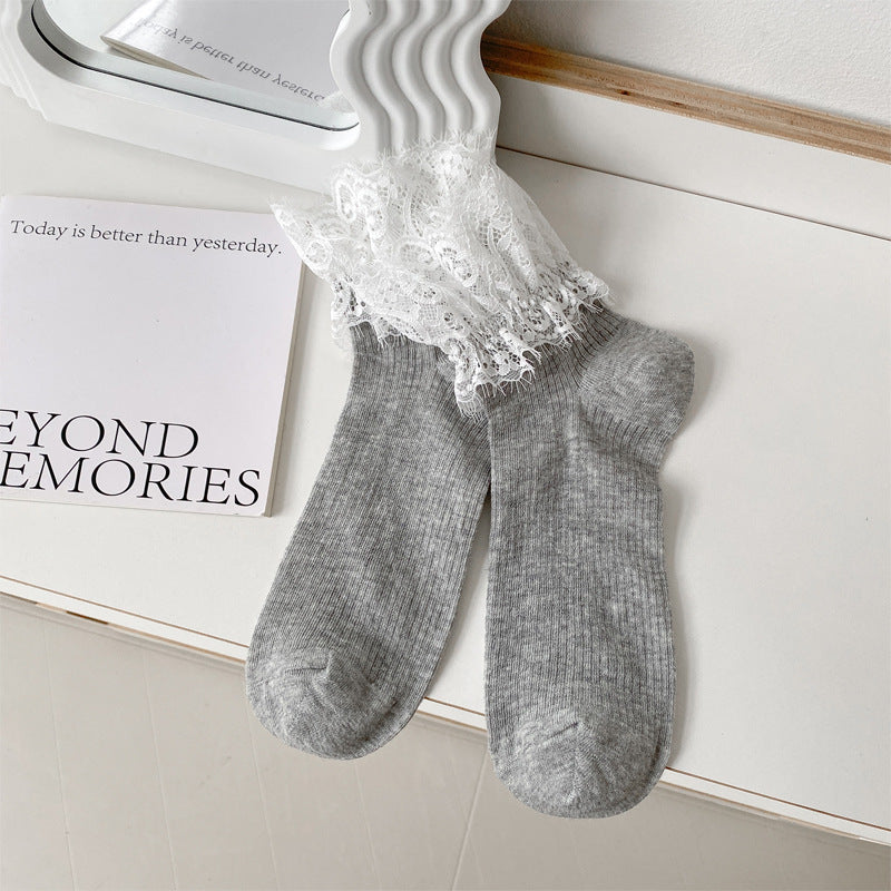 Lace Ruffle Cuff Ribbed Ankle Socks - Grey - 1