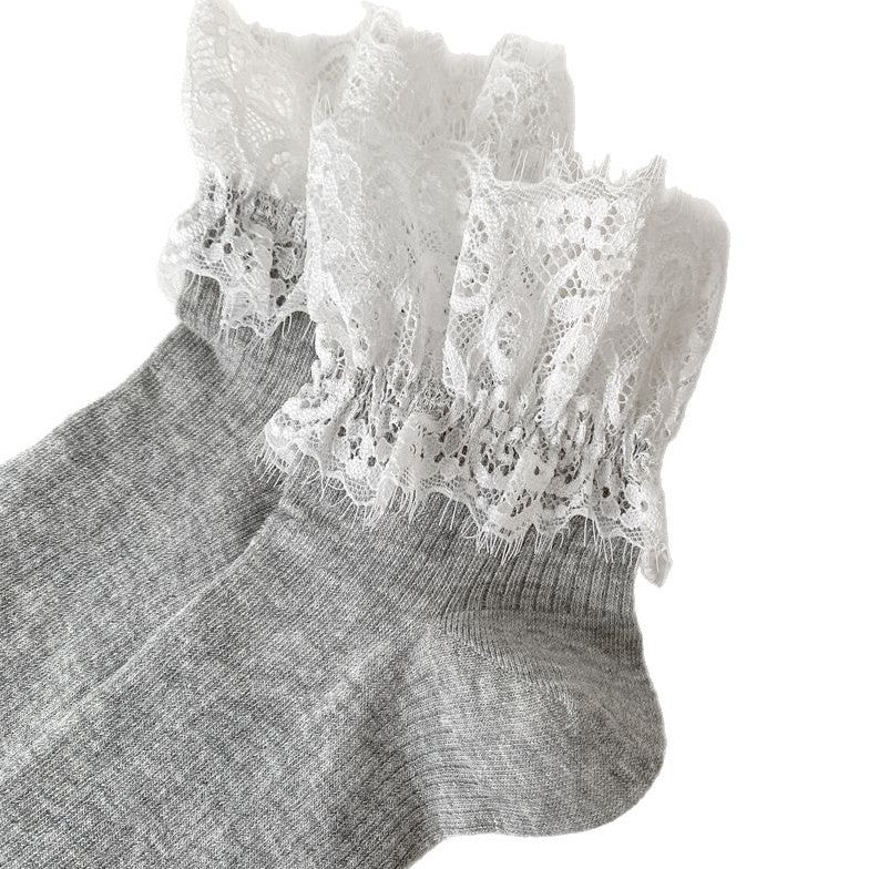 Lace Ruffle Cuff Ribbed Ankle Socks - Grey - 3