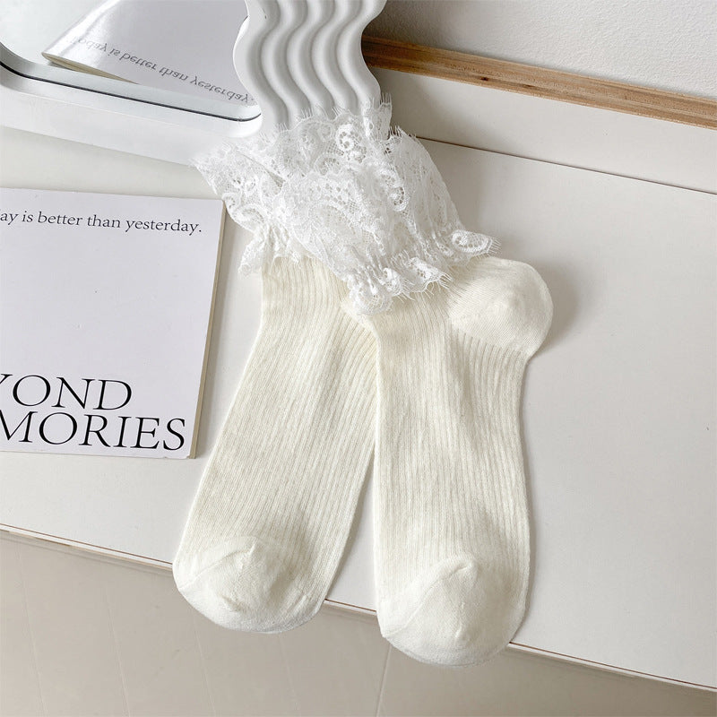 Lace Ruffle Cuff Ribbed Ankle Socks - White