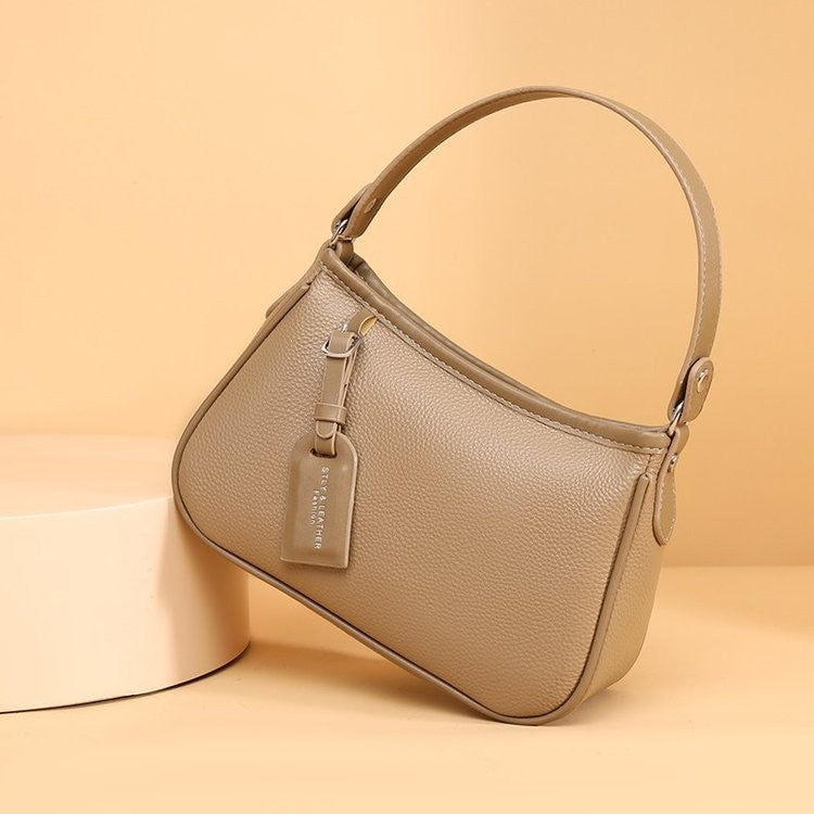 Pebbled Leather Baguette Shoulder Bag - Khaki
