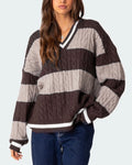 Varsity Stripe Cable Knit V Neck Sweater - Coffee