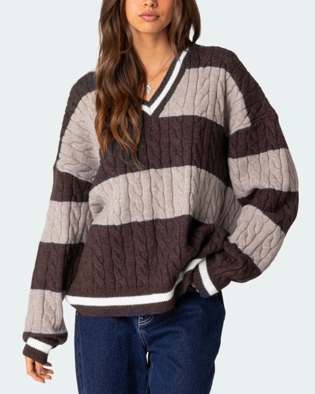Varsity Stripe Cable Knit V Neck Sweater - Coffee