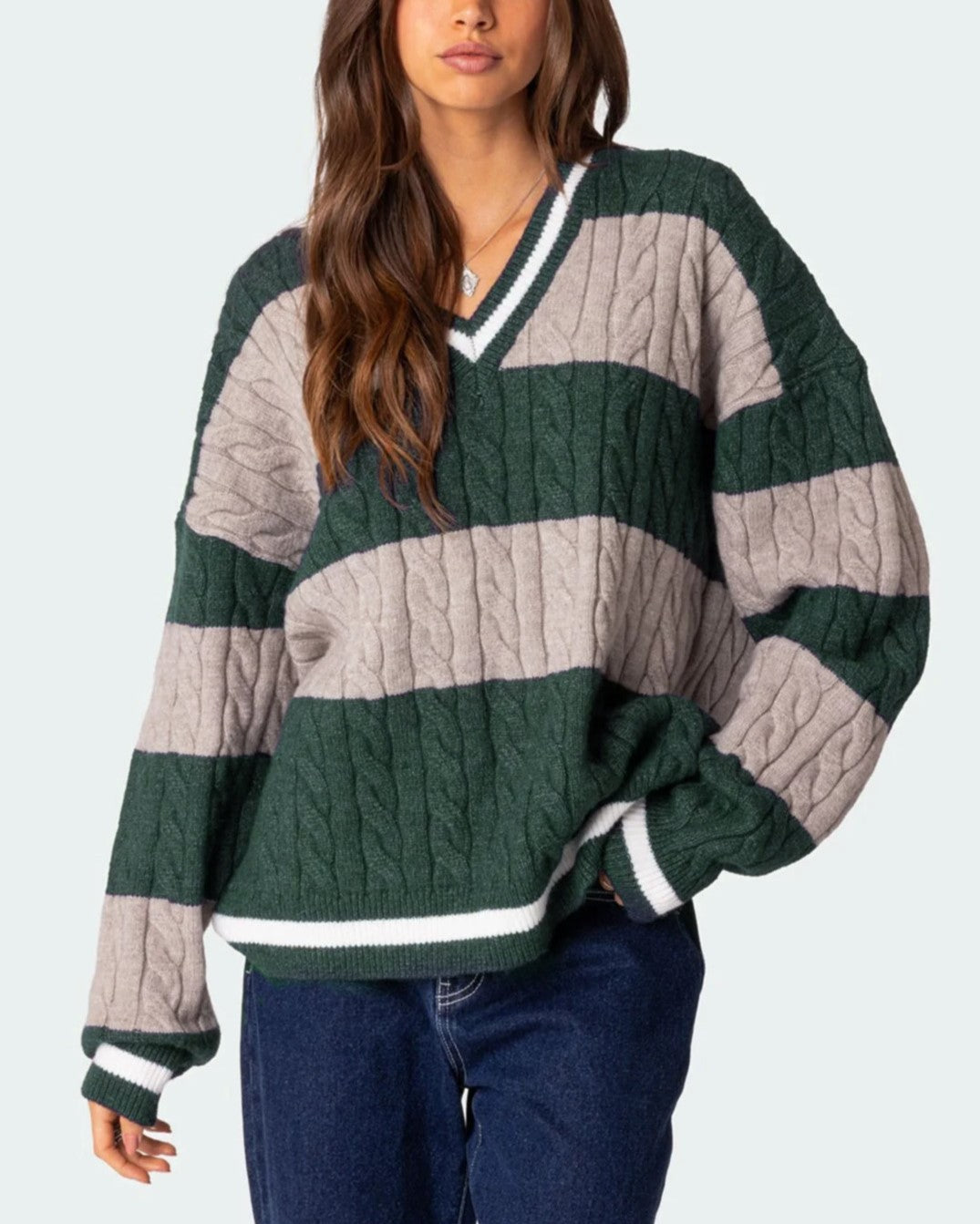 Varsity Stripe Cable Knit V Neck Sweater - DarkGreen