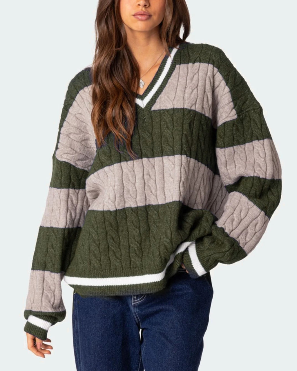 Varsity Stripe Cable Knit V Neck Sweater - Forest
