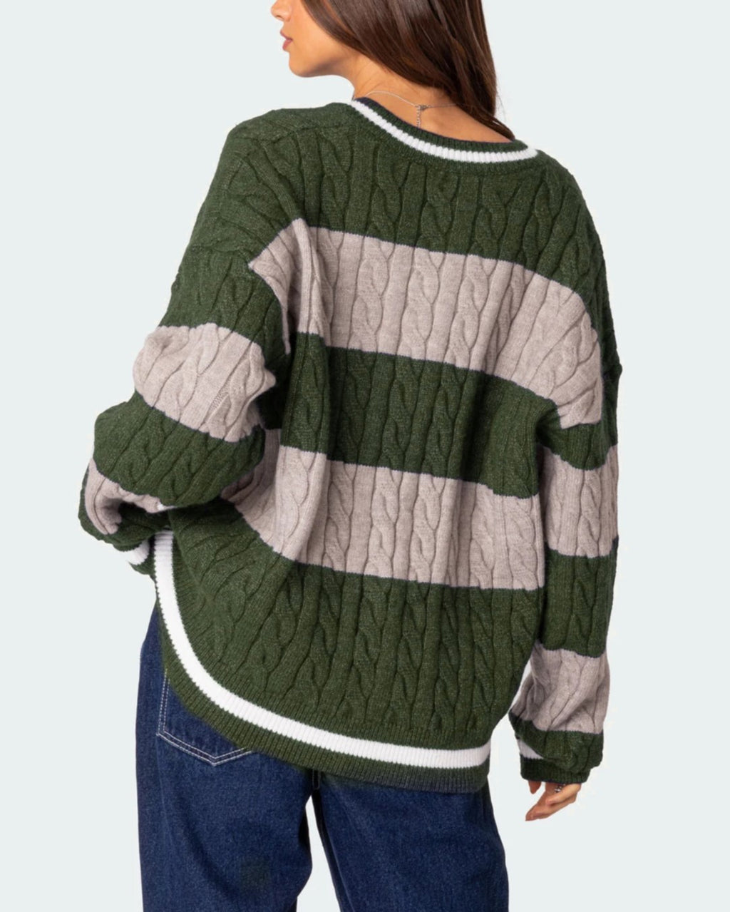 Varsity Stripe Cable Knit V Neck Sweater - Forest - 1