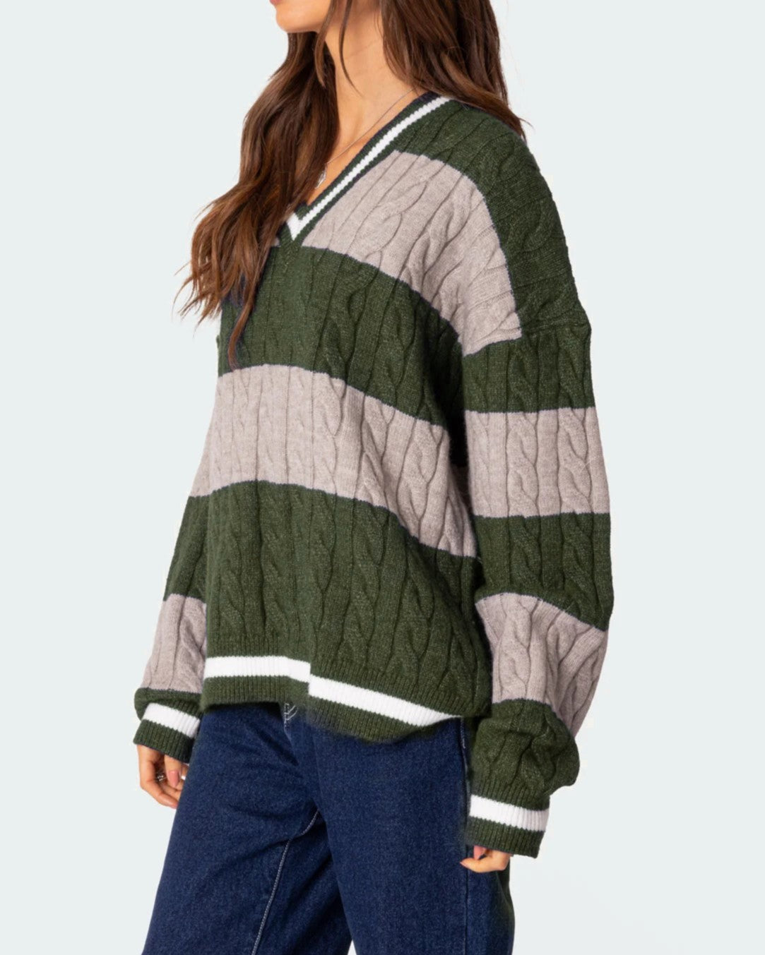 Varsity Stripe Cable Knit V Neck Sweater - Forest - 2