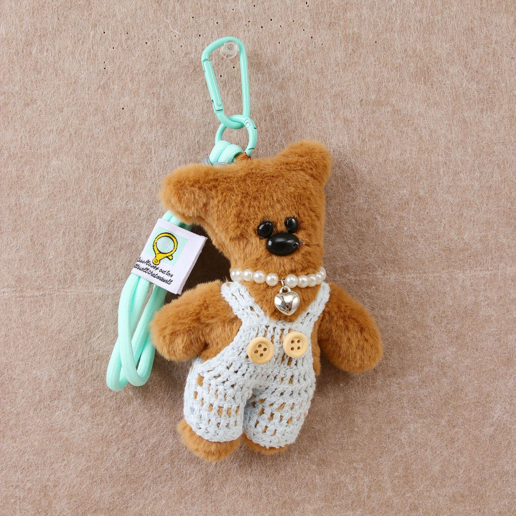 Teddy Bear Plush Keychain In Knit Overalls - Blue