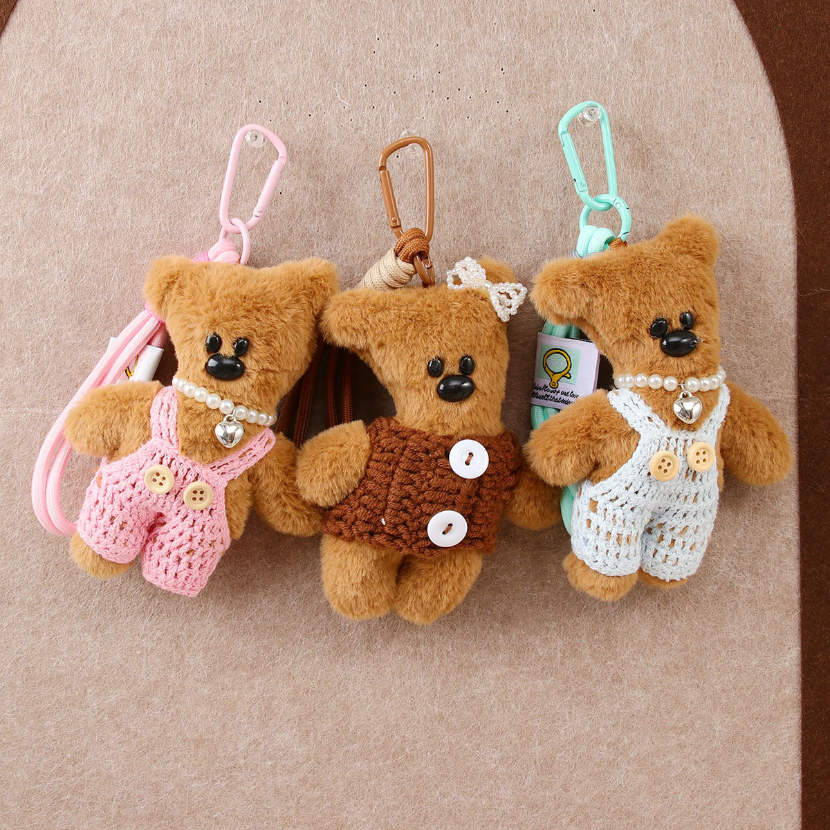 Teddy Bear Plush Keychain In Knit Overalls - Coffee