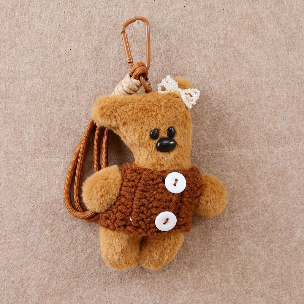 Teddy Bear Plush Keychain In Knit Overalls - Coffee - 1
