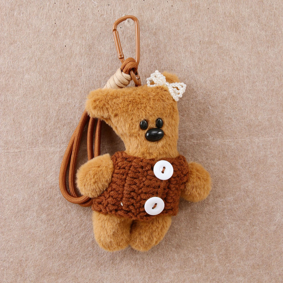 Teddy Bear Plush Keychain In Knit Overalls - Coffee - 1