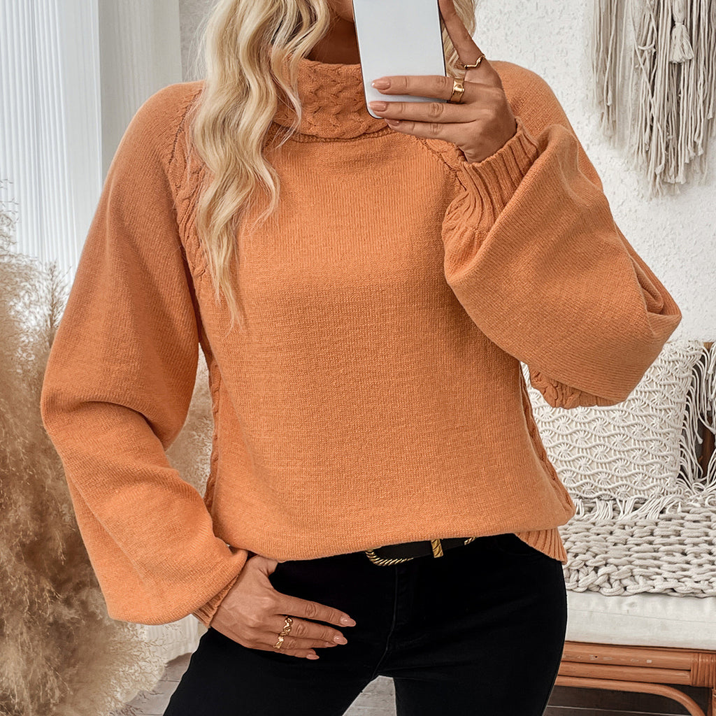 Turtleneck Cable Trim Balloon Sleeve Sweater - Orange