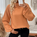Turtleneck Cable Trim Balloon Sleeve Sweater - Orange