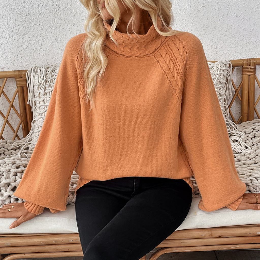 Turtleneck Cable Trim Balloon Sleeve Sweater - Orange - 1