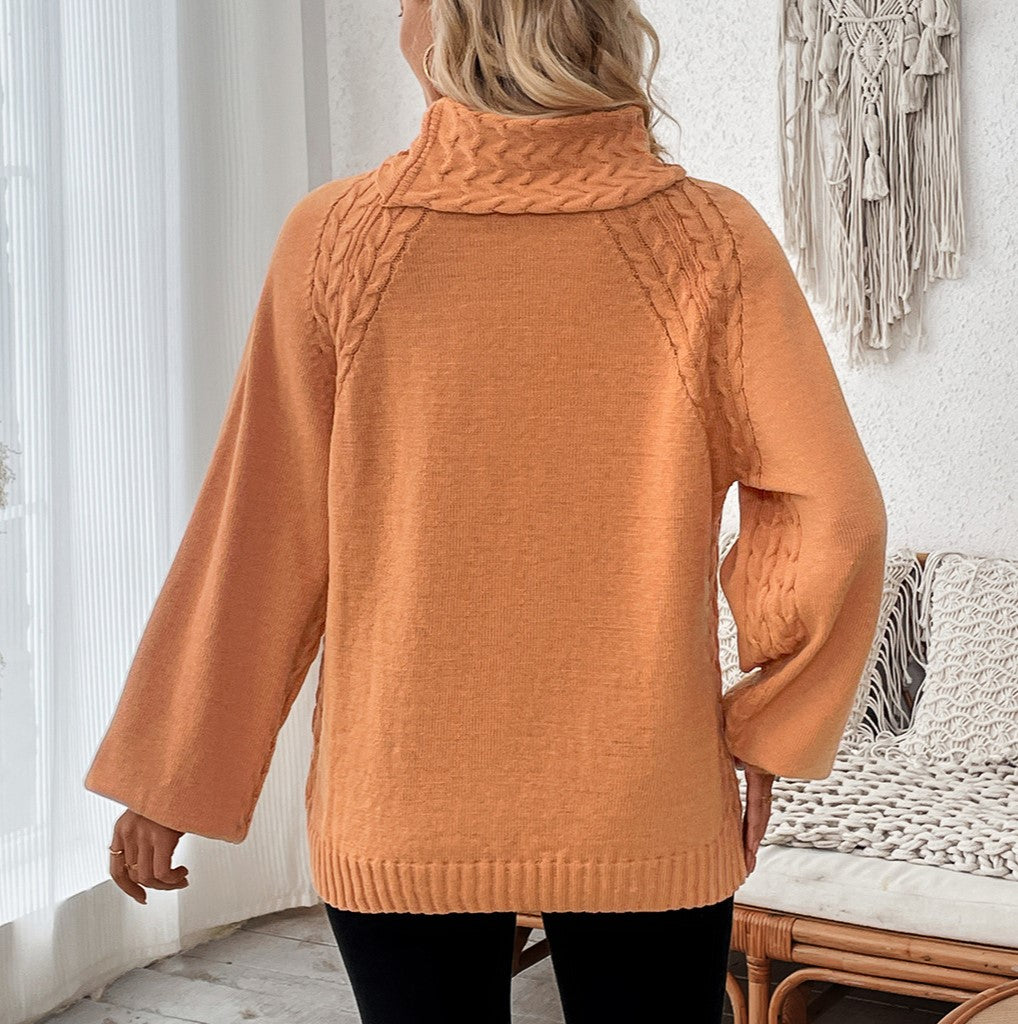 Turtleneck Cable Trim Balloon Sleeve Sweater - Orange - 4