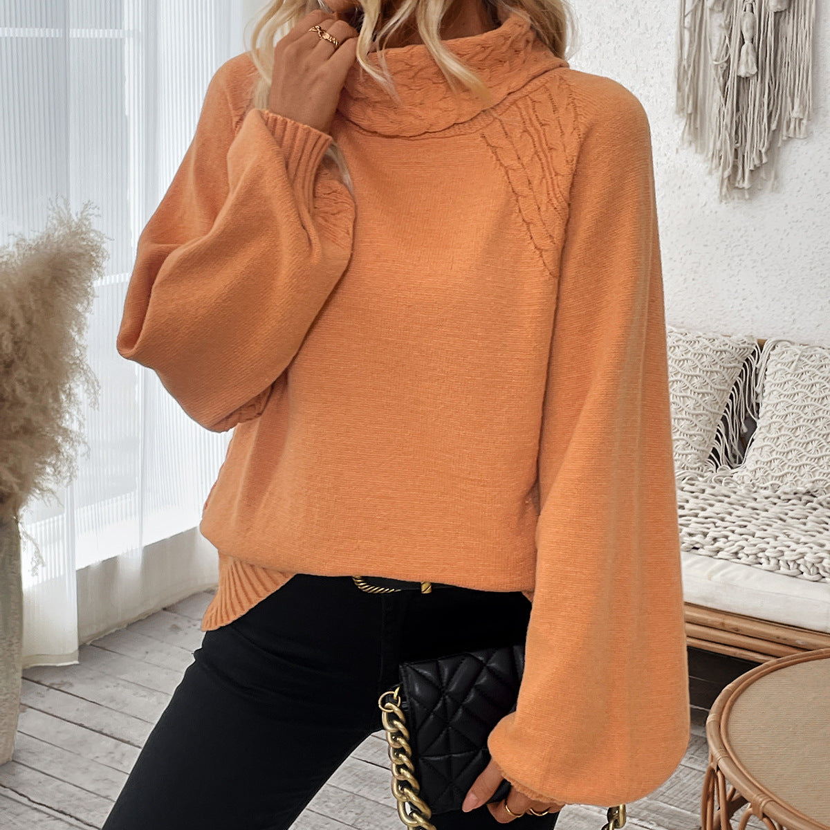 Turtleneck Cable Trim Balloon Sleeve Sweater