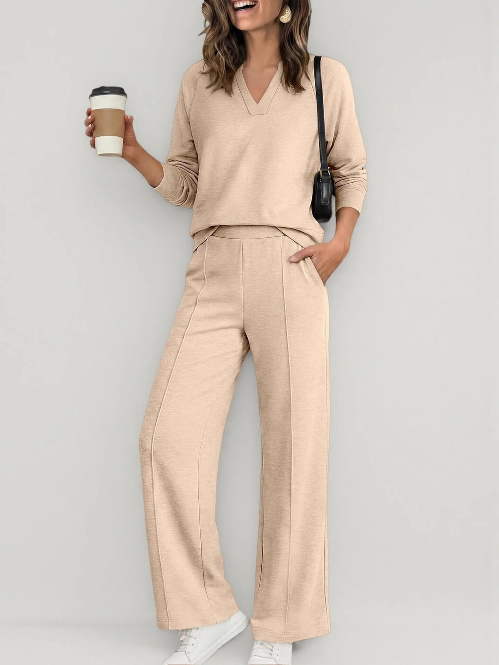 Textured V-Neck Pullover Wide Leg Athletic Pant Set - Apricot