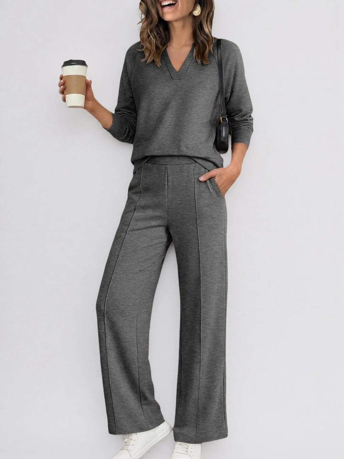 Textured V-Neck Pullover Wide Leg Athletic Pant Set - Charcoal