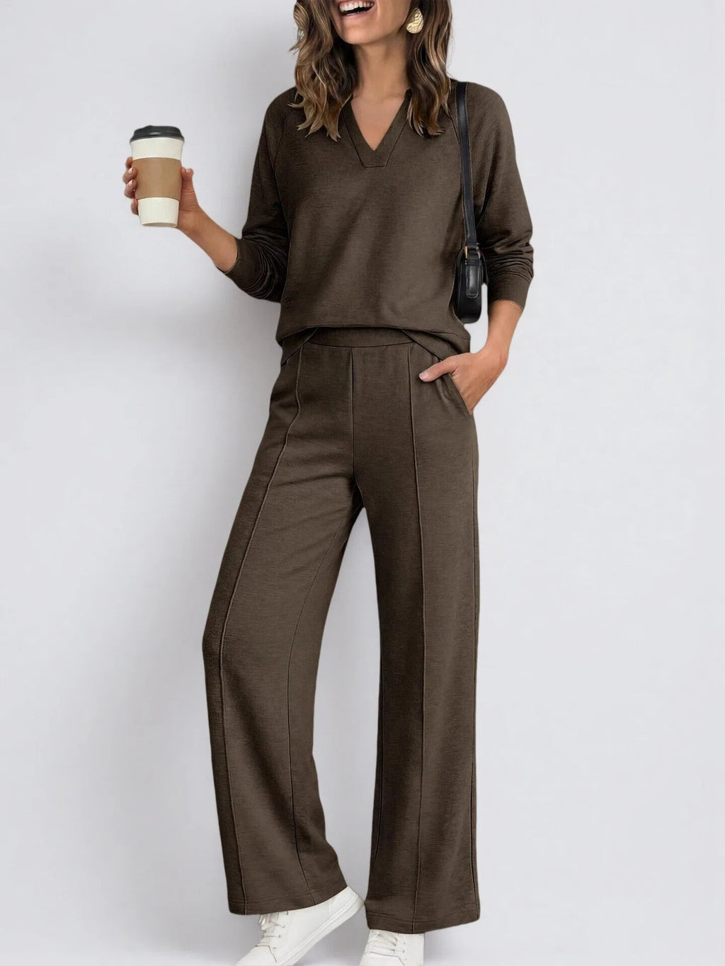 Textured V-Neck Pullover Wide Leg Athletic Pant Set - Coffee
