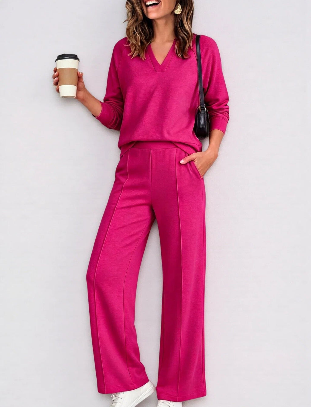 Textured V-Neck Pullover Wide Leg Athletic Pant Set - Magenta