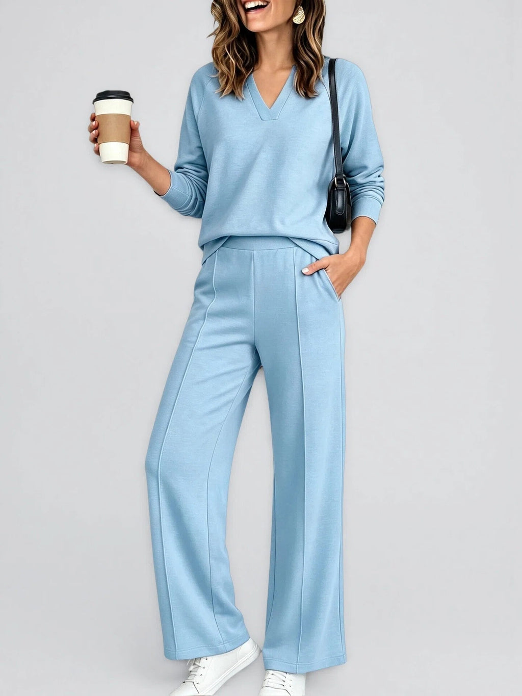 Textured V-Neck Pullover Wide Leg Athletic Pant Set - Sky Blue