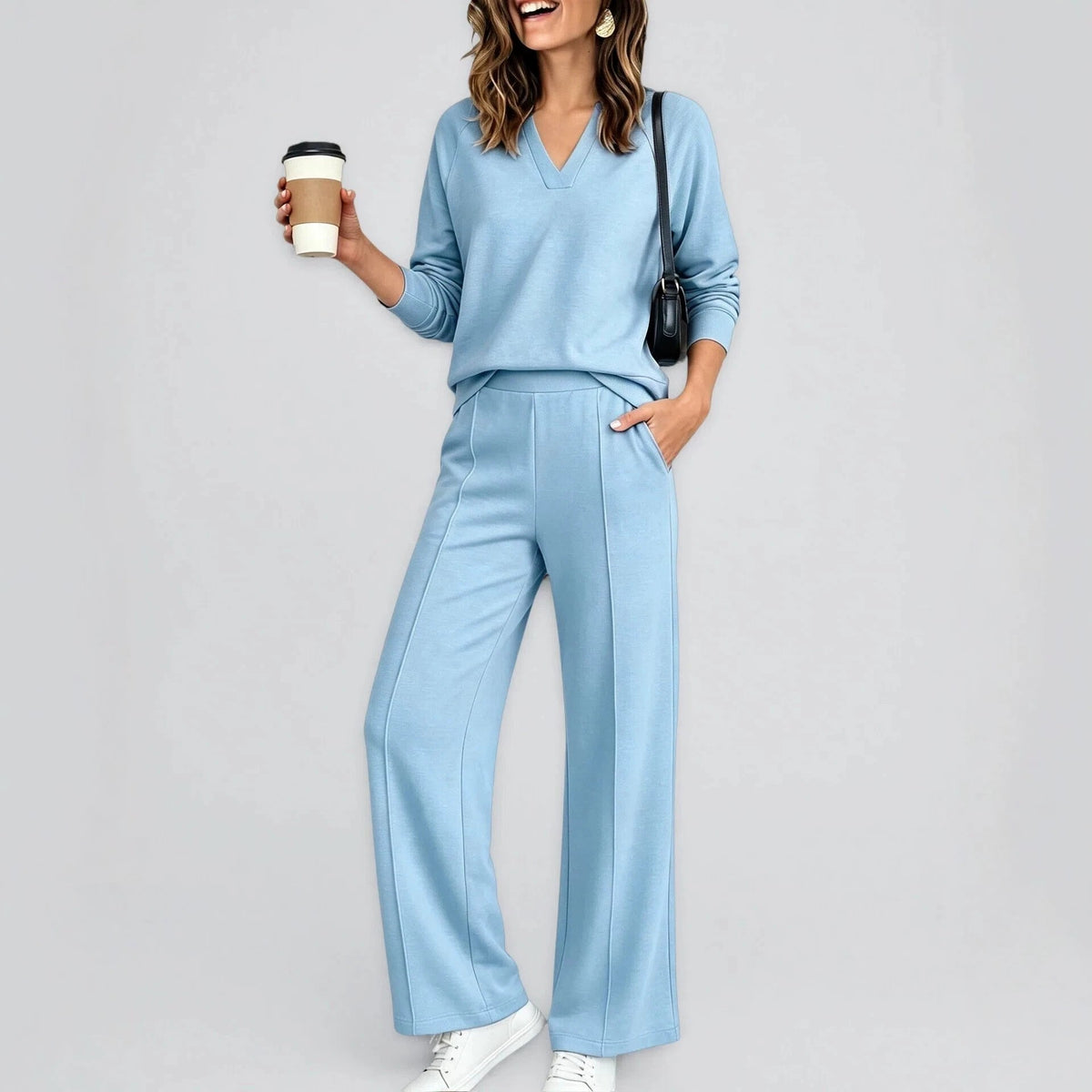 Textured V-Neck Pullover Wide Leg Athletic Pant Set
