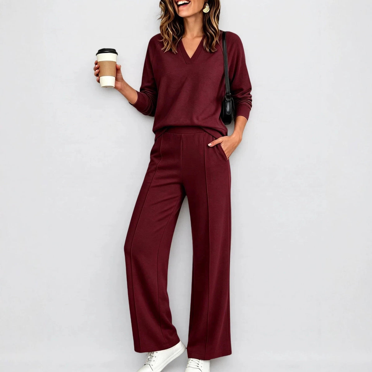 Textured V-Neck Pullover Wide Leg Athletic Pant Set
