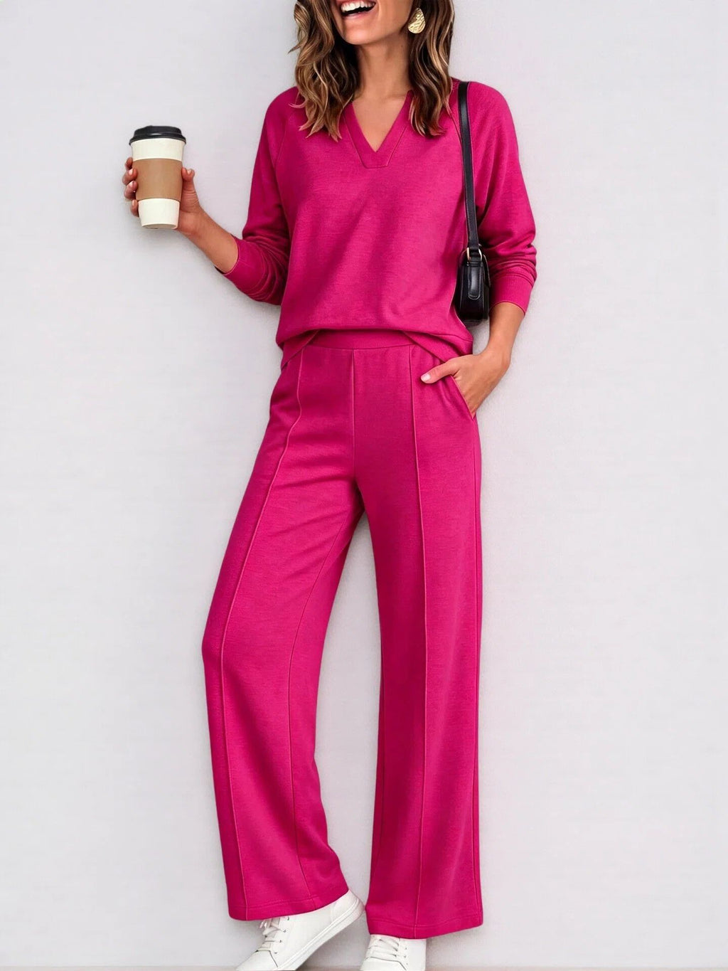 Textured V-Neck Pullover Wide Leg Athletic Pant Set