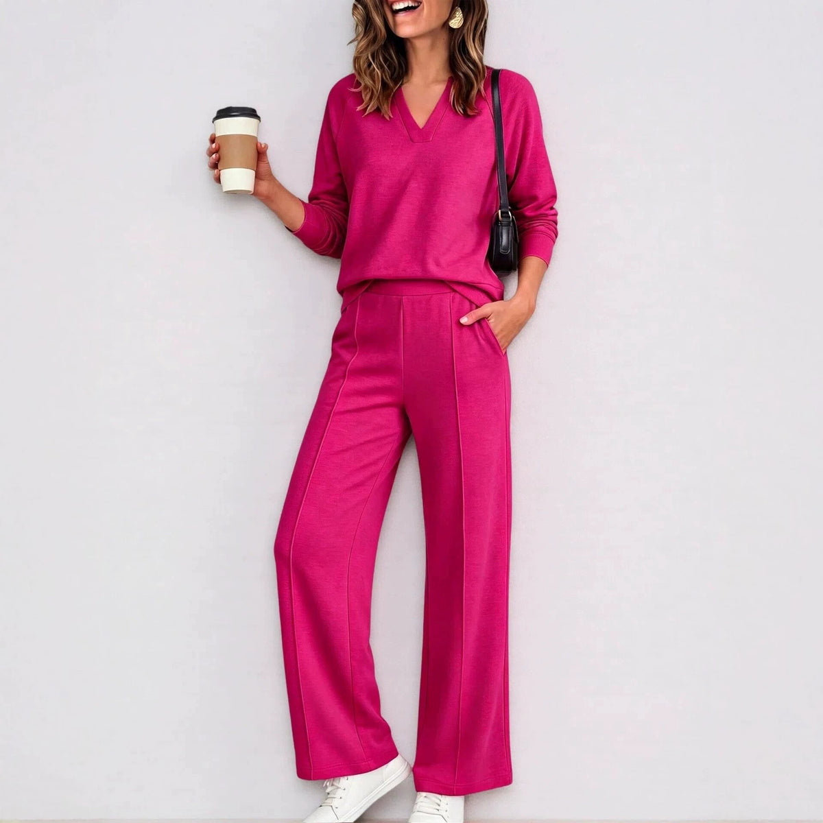 Textured V-Neck Pullover Wide Leg Athletic Pant Set