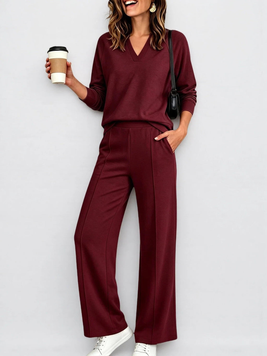 Textured V-Neck Pullover Wide Leg Athletic Pant Set