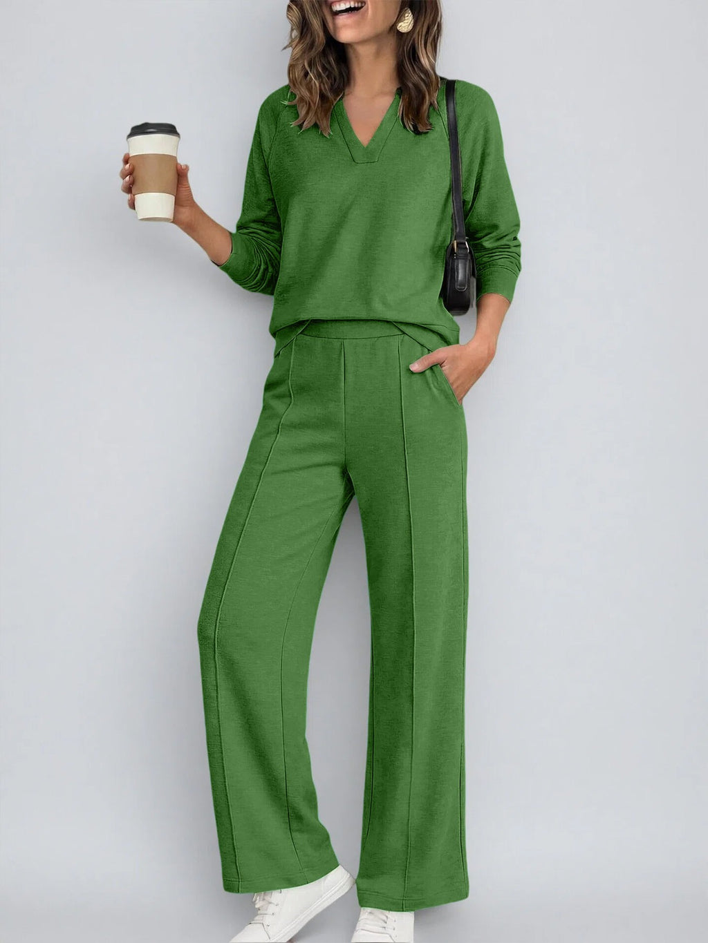 Textured V-Neck Pullover Wide Leg Athletic Pant Set