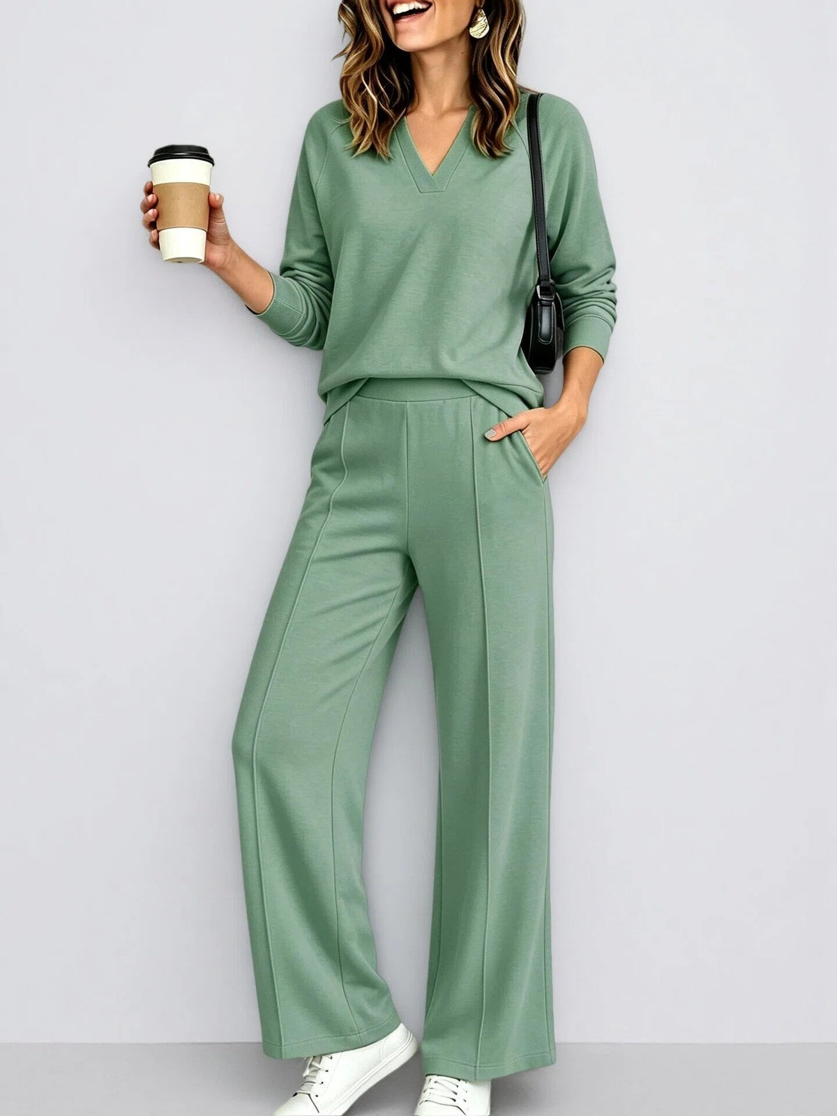 Textured V-Neck Pullover Wide Leg Athletic Pant Set