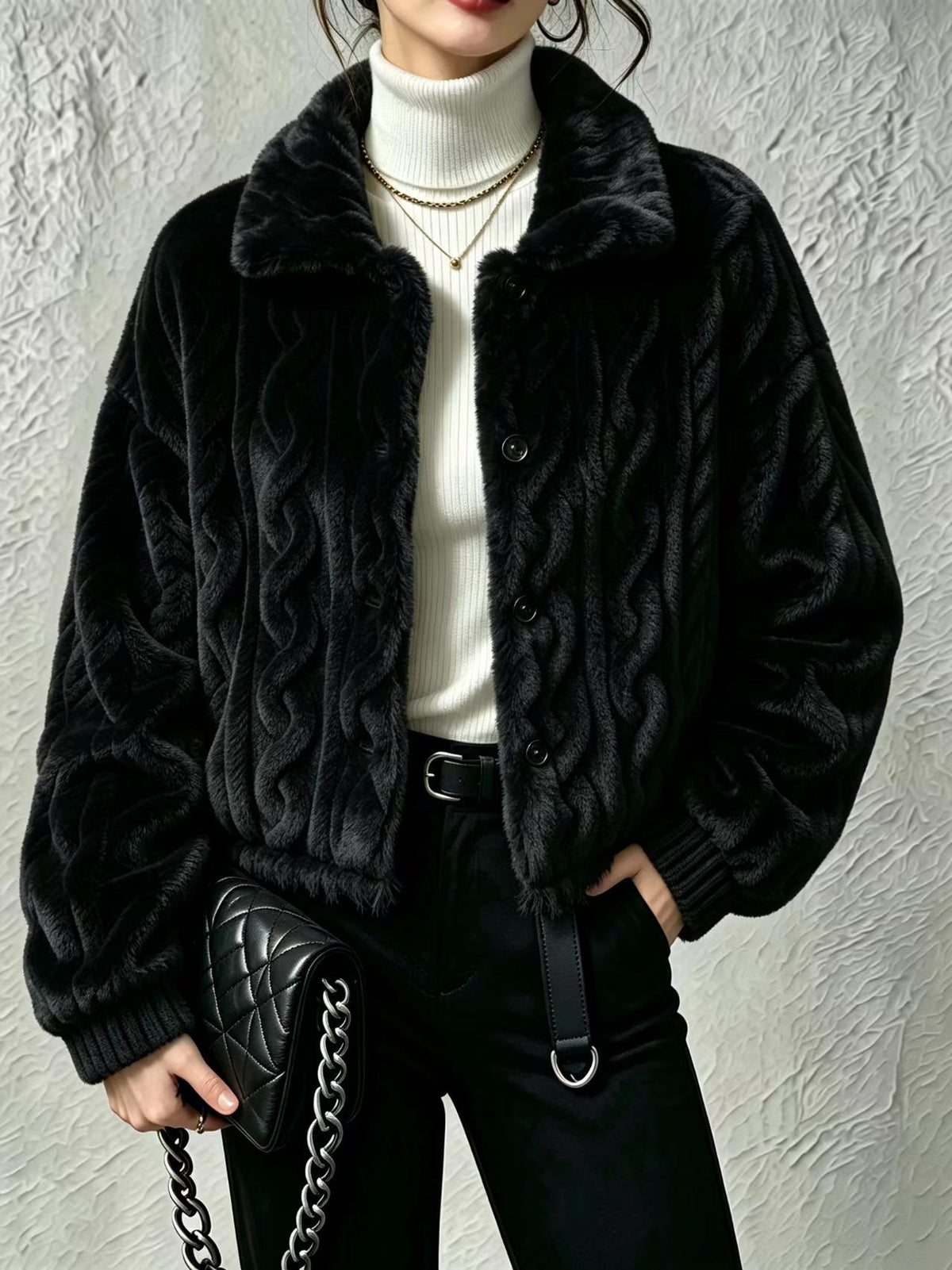 Cable Embossed Plush Shirt Collar Cropped Coat - Black