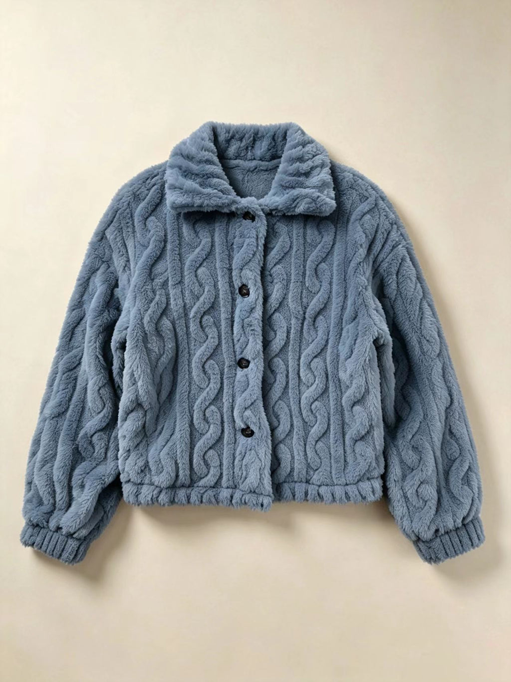 Cable Embossed Plush Shirt Collar Cropped Coat - Blue - 1