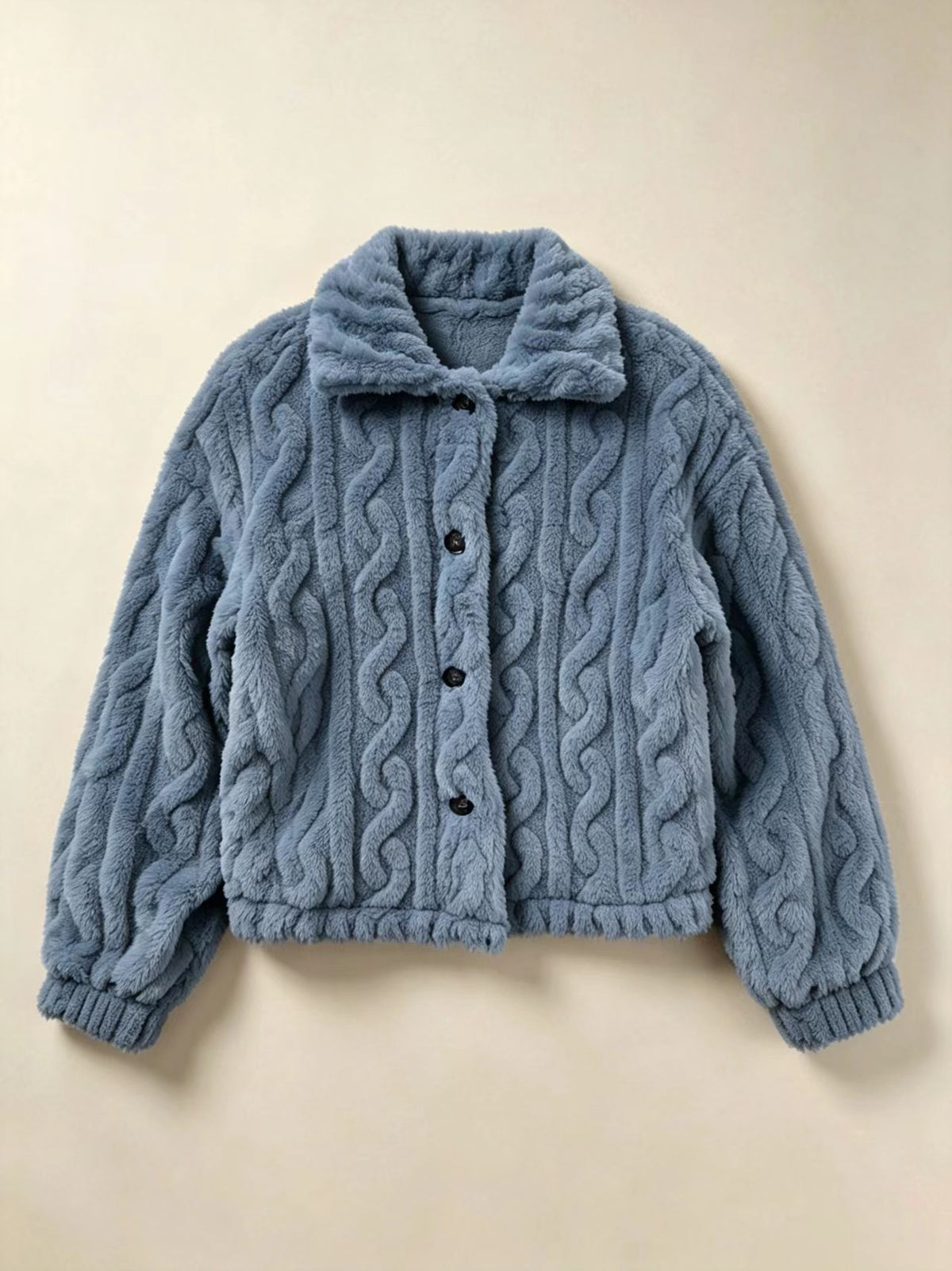 Cable Embossed Plush Shirt Collar Cropped Coat - Blue - 1