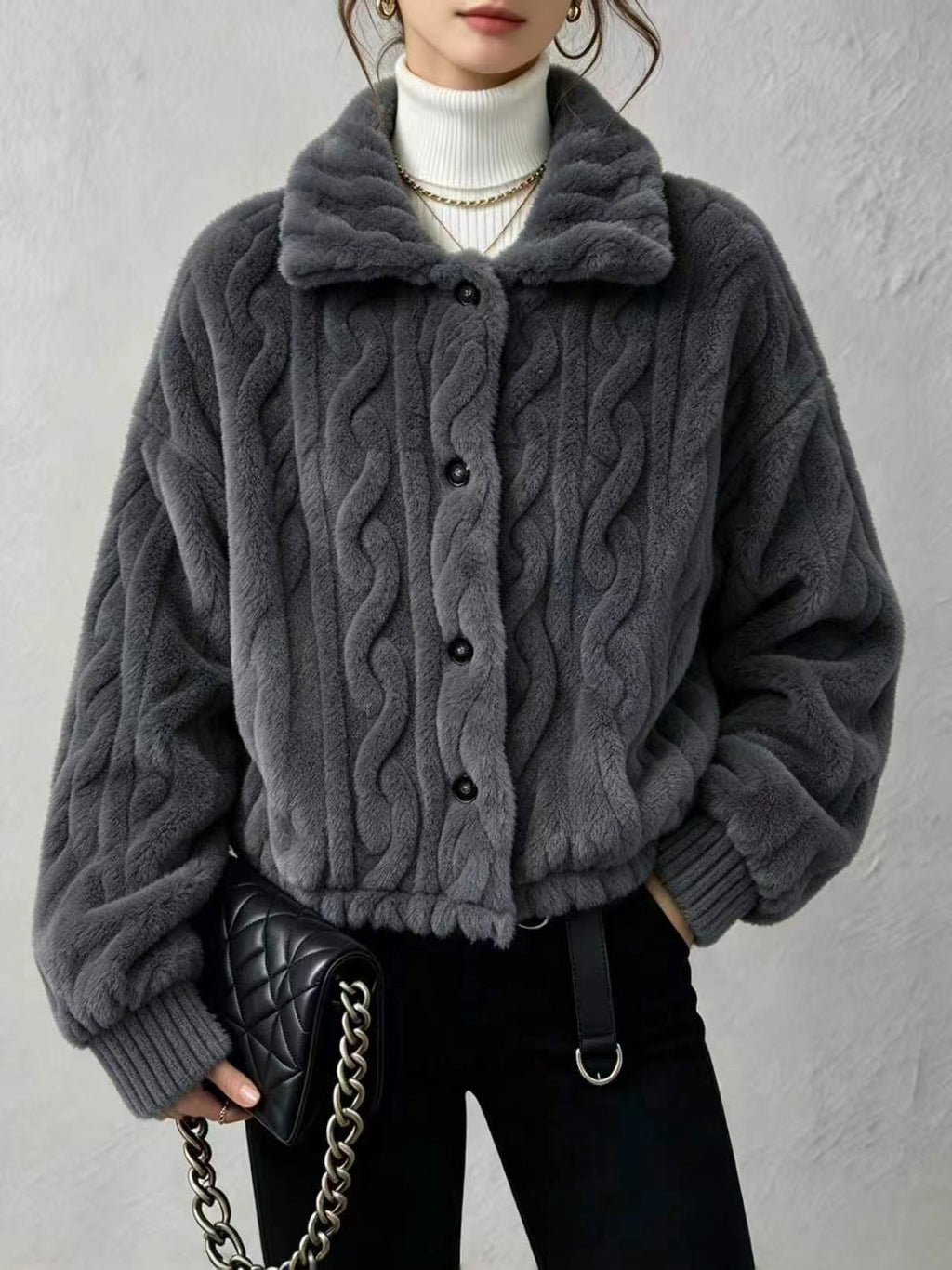 Cable Embossed Plush Shirt Collar Cropped Coat - DarkGrey