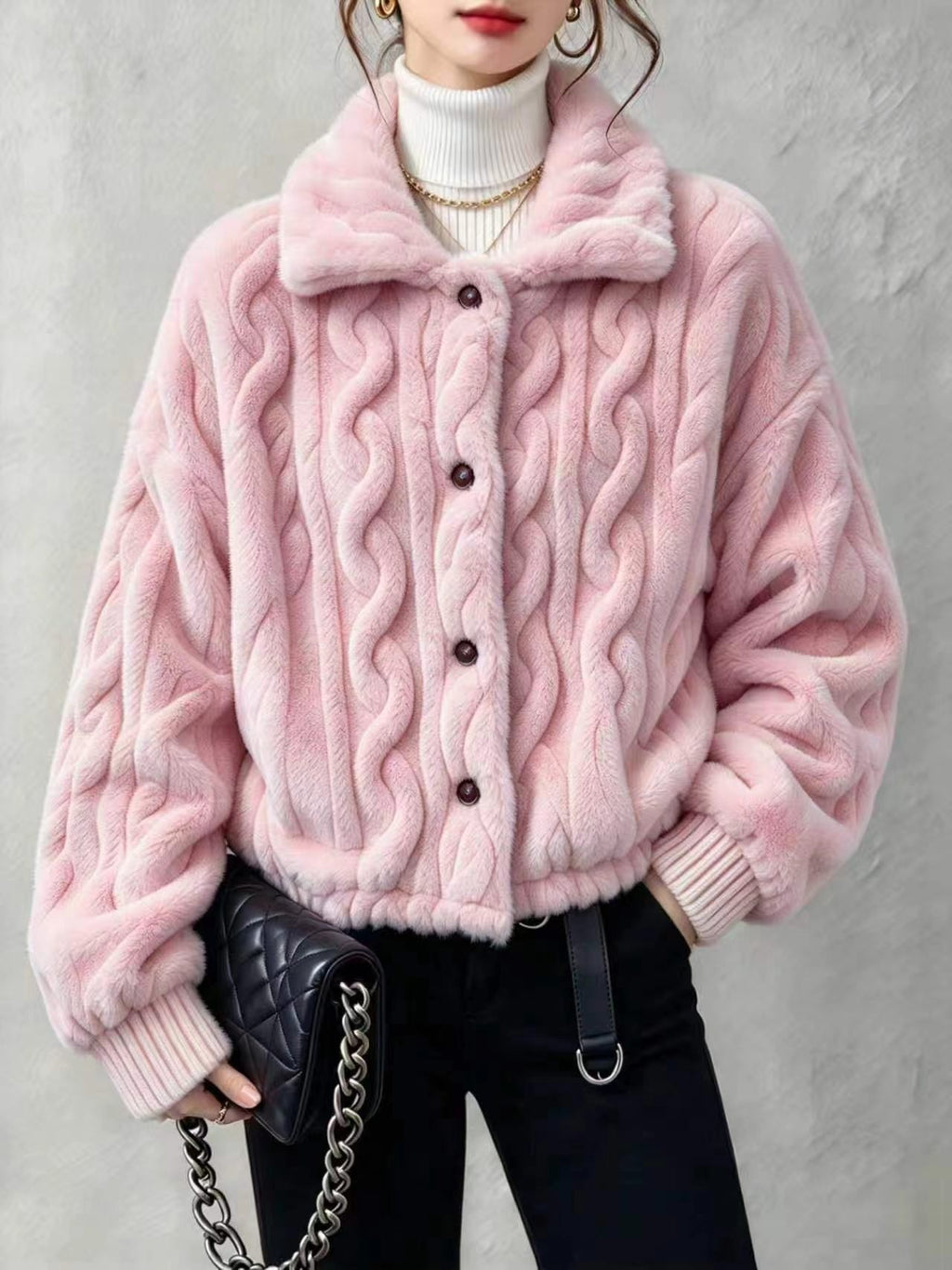 Cable Embossed Plush Shirt Collar Cropped Coat - Pink