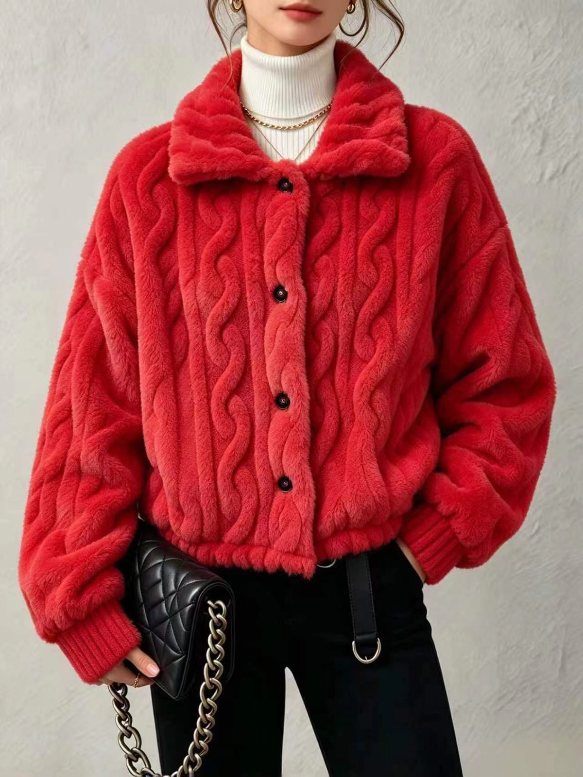 Cable Embossed Plush Shirt Collar Cropped Coat - Red