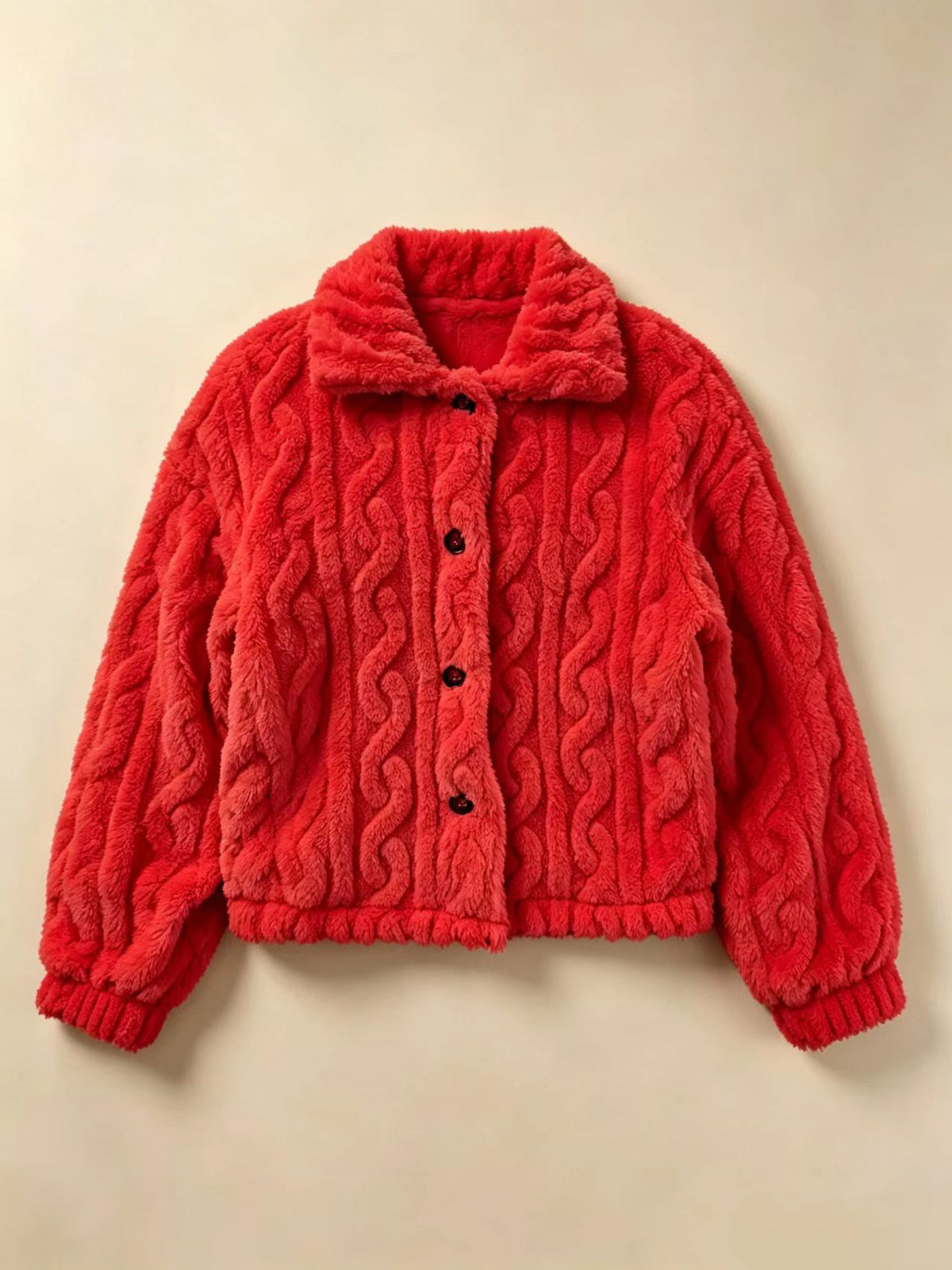 Cable Embossed Plush Shirt Collar Cropped Coat - Red - 1