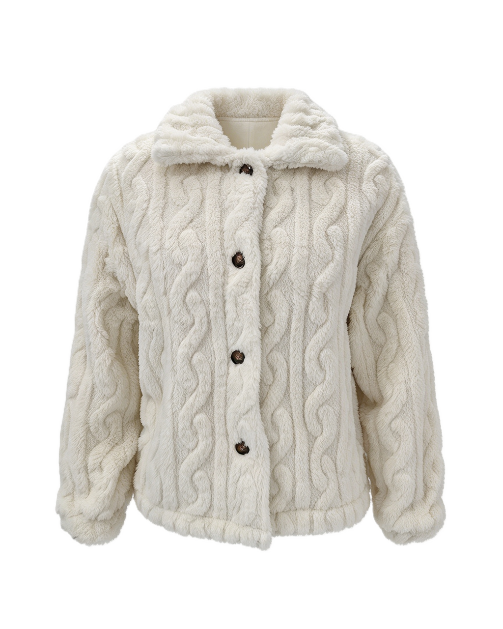 Cable Embossed Plush Shirt Collar Cropped Coat - White