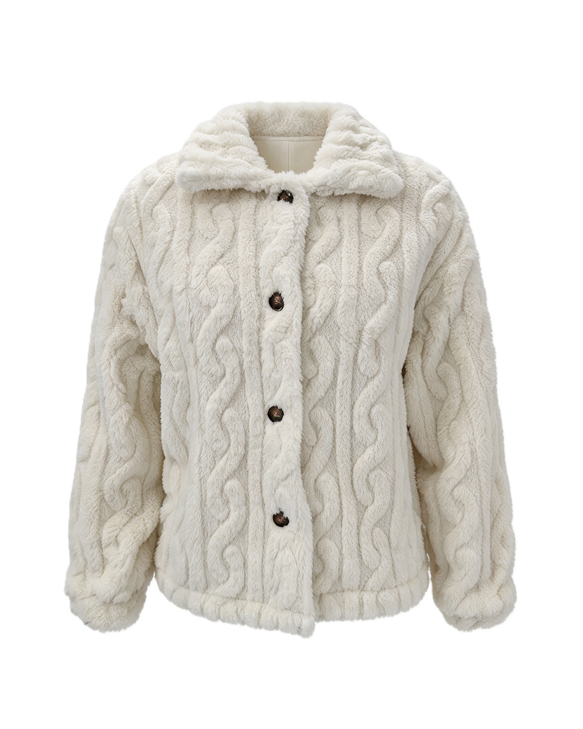 Cable Embossed Plush Shirt Collar Cropped Coat - White