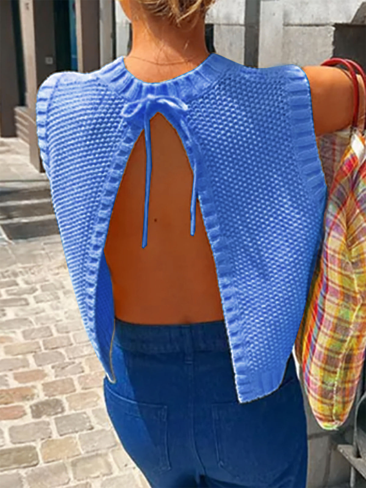 Open Back Sleeveless Knit Top Tie Neck - Blue