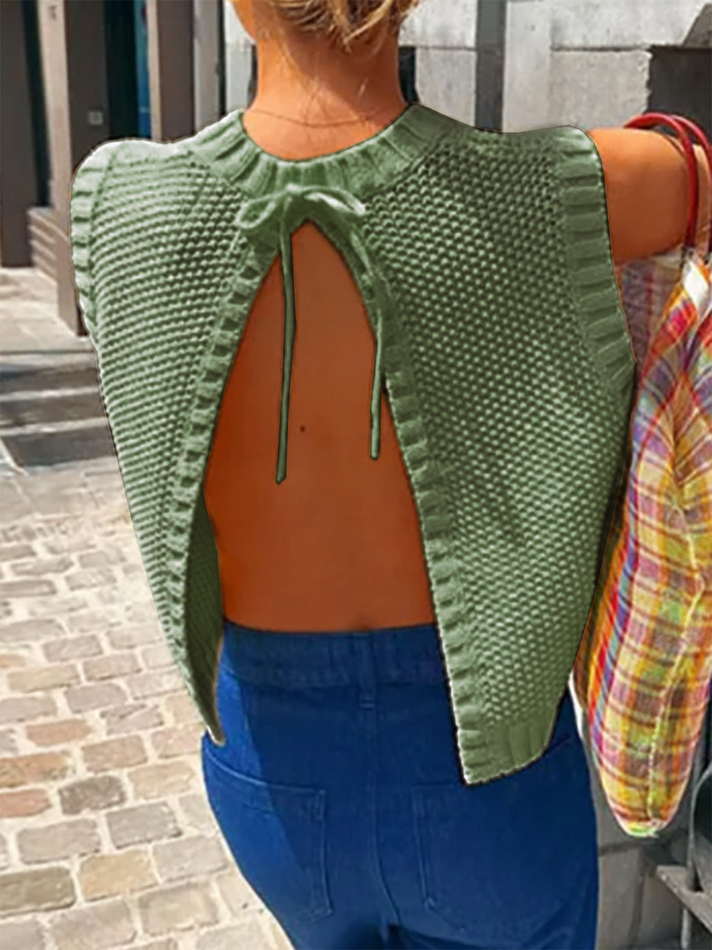 Open Back Sleeveless Knit Top Tie Neck - Green