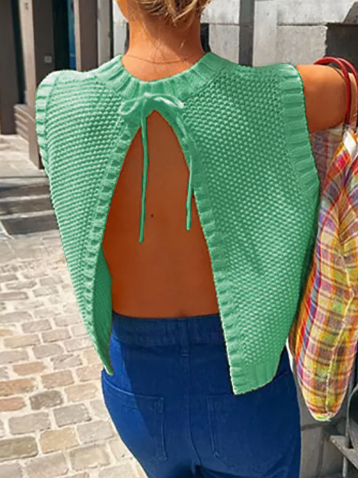 Open Back Sleeveless Knit Top Tie Neck - Mint