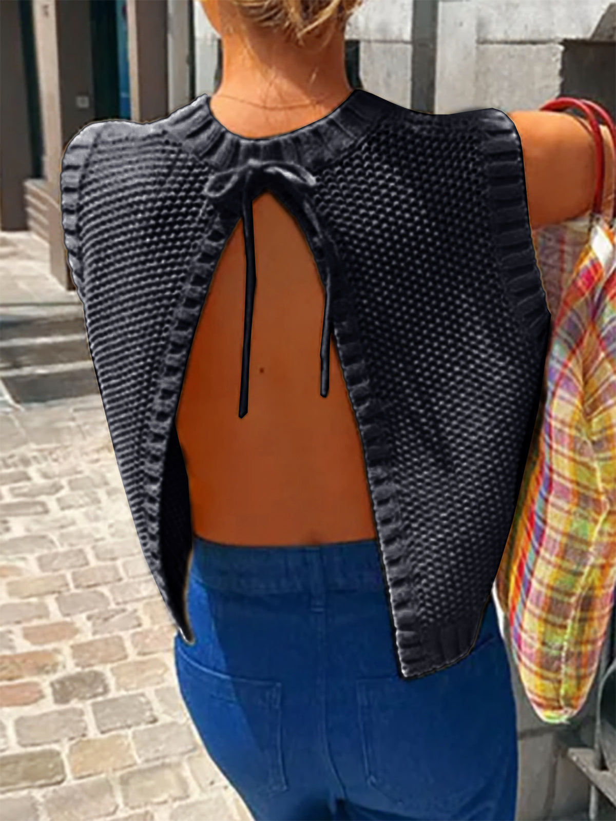 Open Back Sleeveless Knit Top Tie Neck - Navy