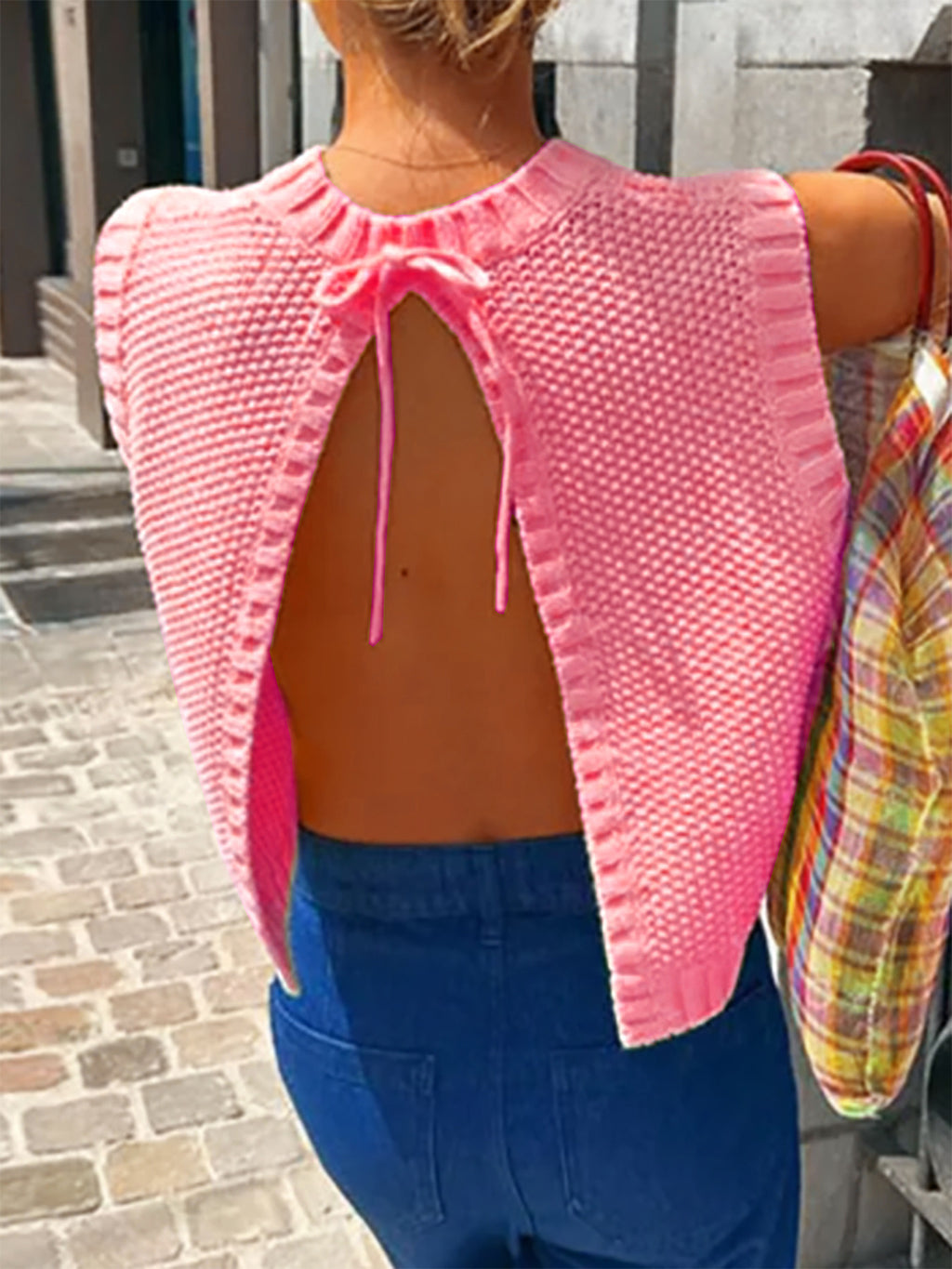 Open Back Sleeveless Knit Top Tie Neck - Pink