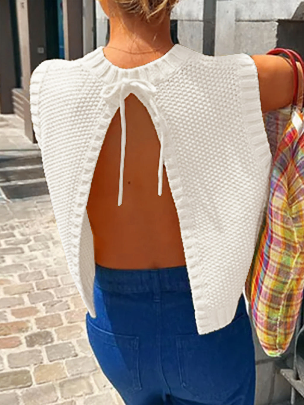 Open Back Sleeveless Knit Top Tie Neck - White