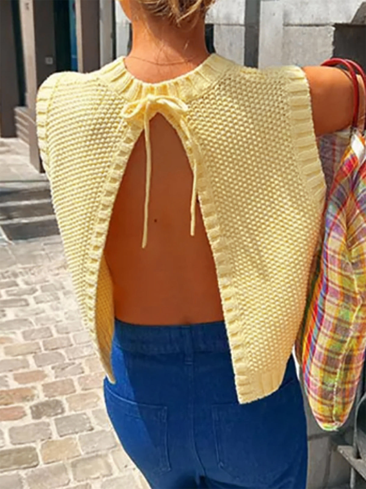Open Back Sleeveless Knit Top Tie Neck - Yellow