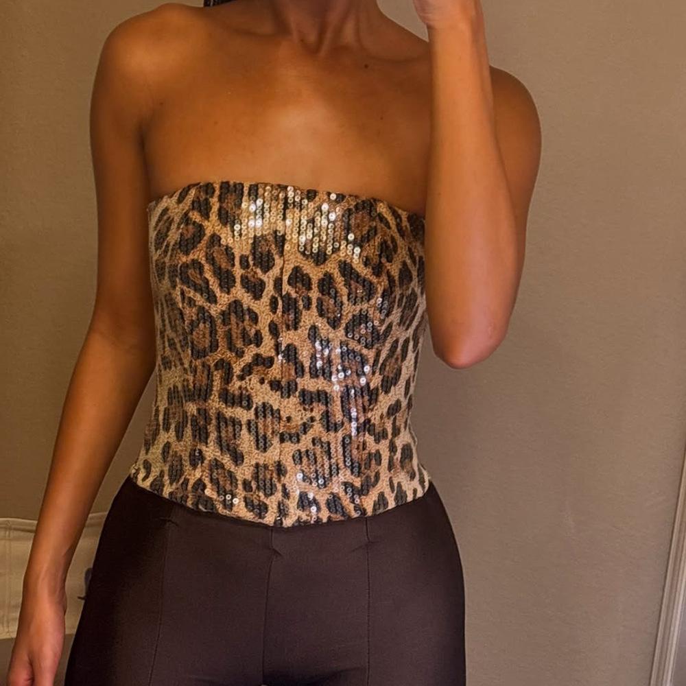 Leopard Print Sequin Tube Top - Brown